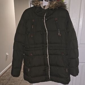 Dark Green Puffer Coat with Faux Fur Hood